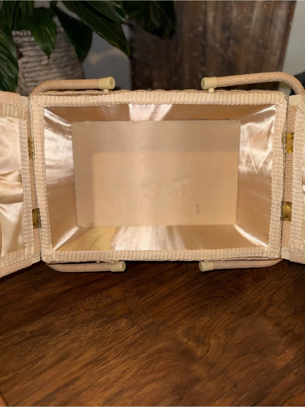 Vintage Woven Wicker Sewing Basket With Dual/Hinged Lid And Cream Tapestry Top